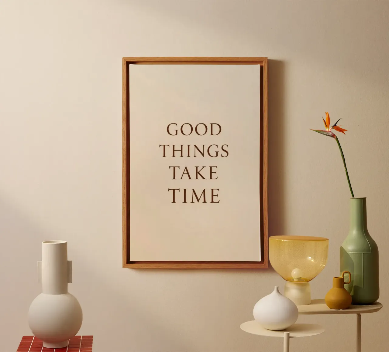 Good Things Take Time Brown on Beige Background canvas with Floater frame by DesignDoodle