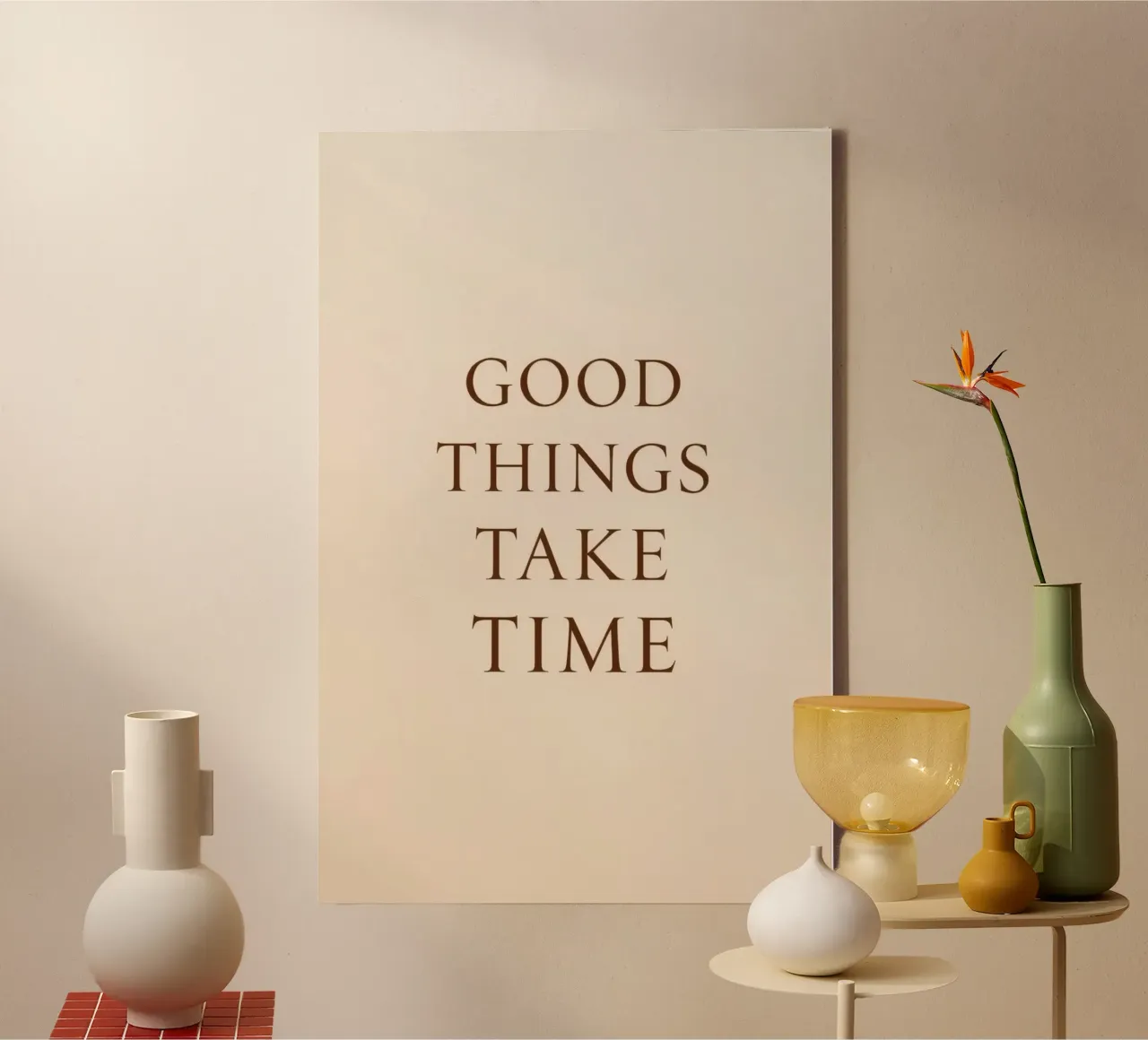 Good Things Take Time Brown on Beige Background canvas with Floater frame by DesignDoodle