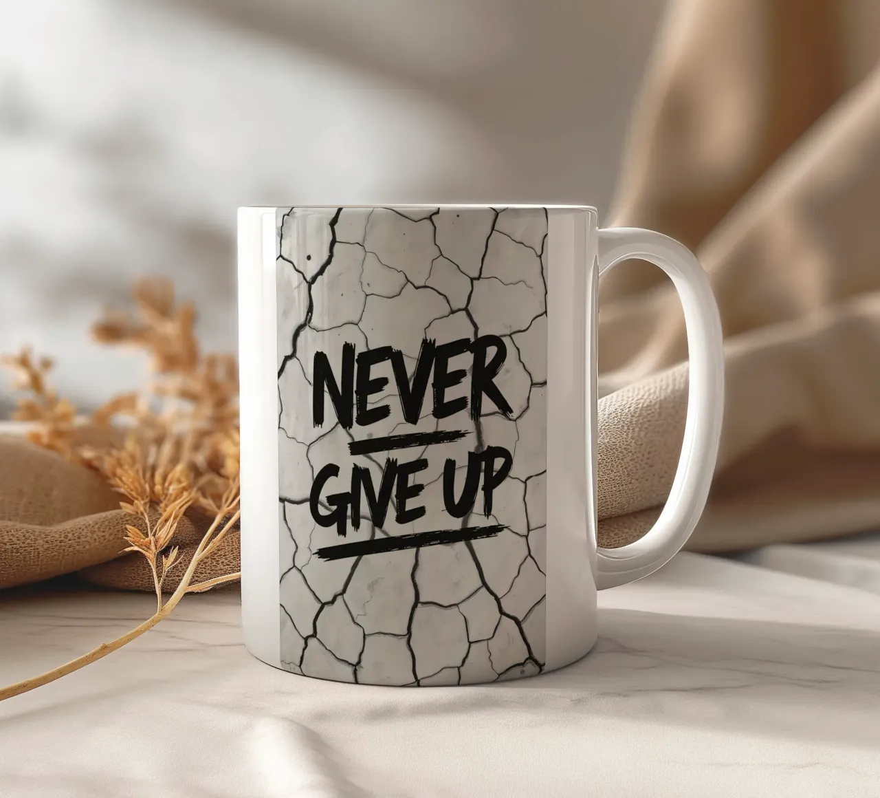 Geef nooit op op gebarsten aarde achtergrond keramische mok van DesignDoodle