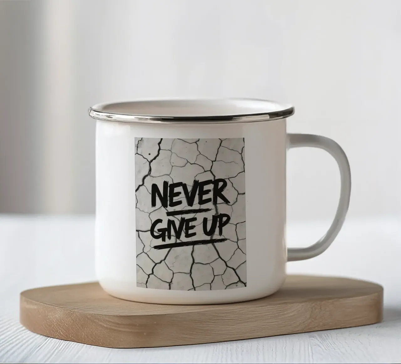 Geef nooit op op gebarsten aarde achtergrond emaille mok van DesignDoodle