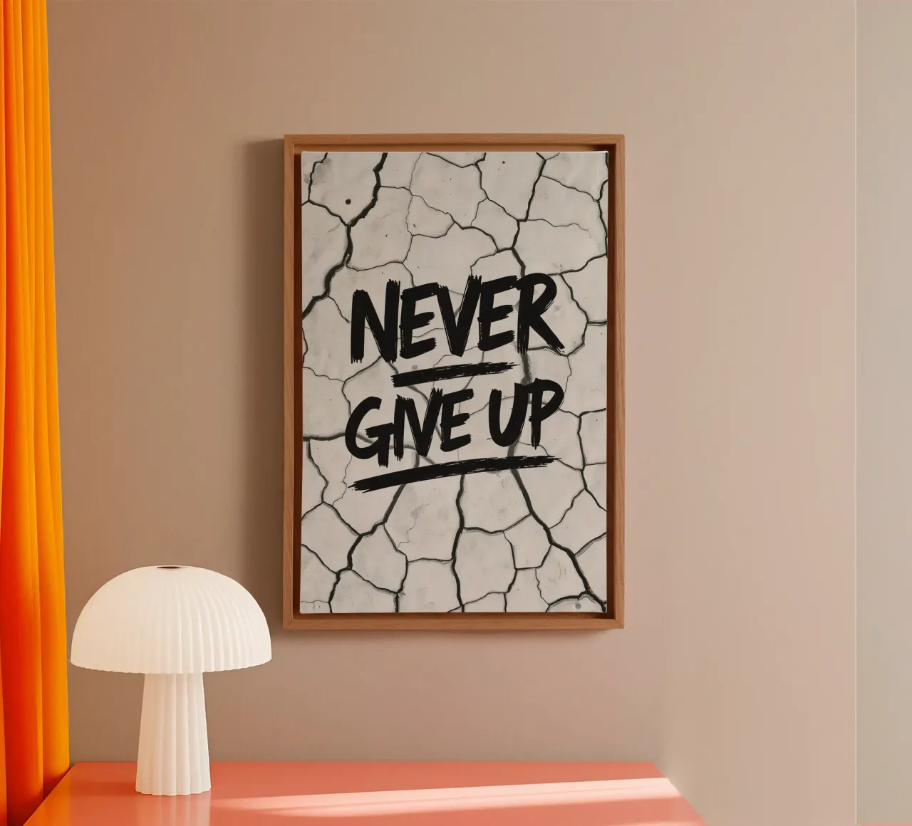Geef nooit op op gebarsten aarde achtergrond canvas met Baklijst van DesignDoodle