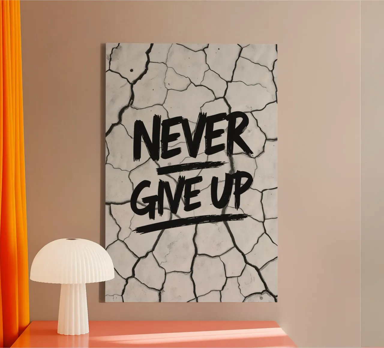 Geef nooit op op gebarsten aarde achtergrond canvas met Baklijst van DesignDoodle
