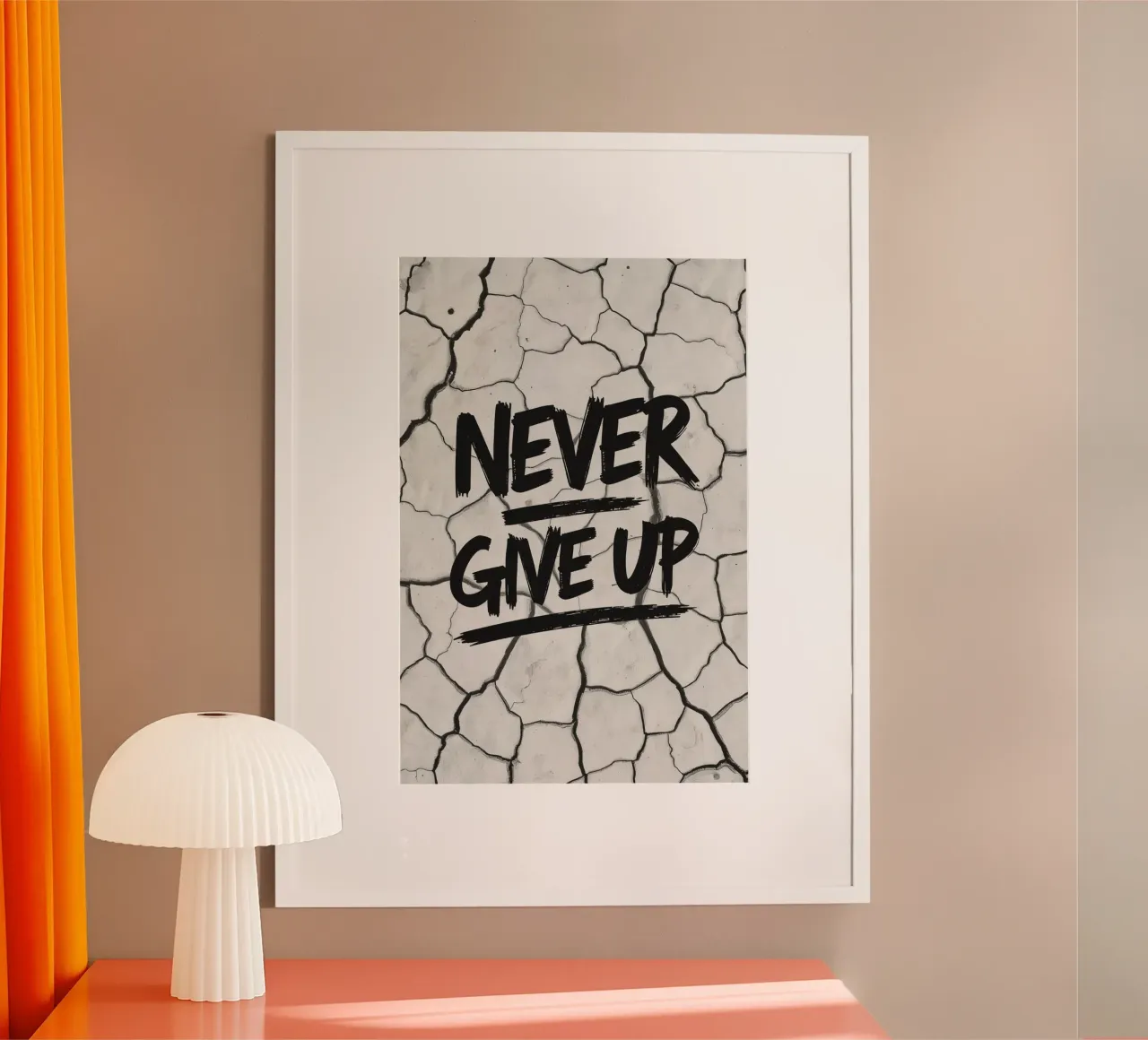 Geef nooit op op gebarsten aarde achtergrond poster met aluminium frame van DesignDoodle