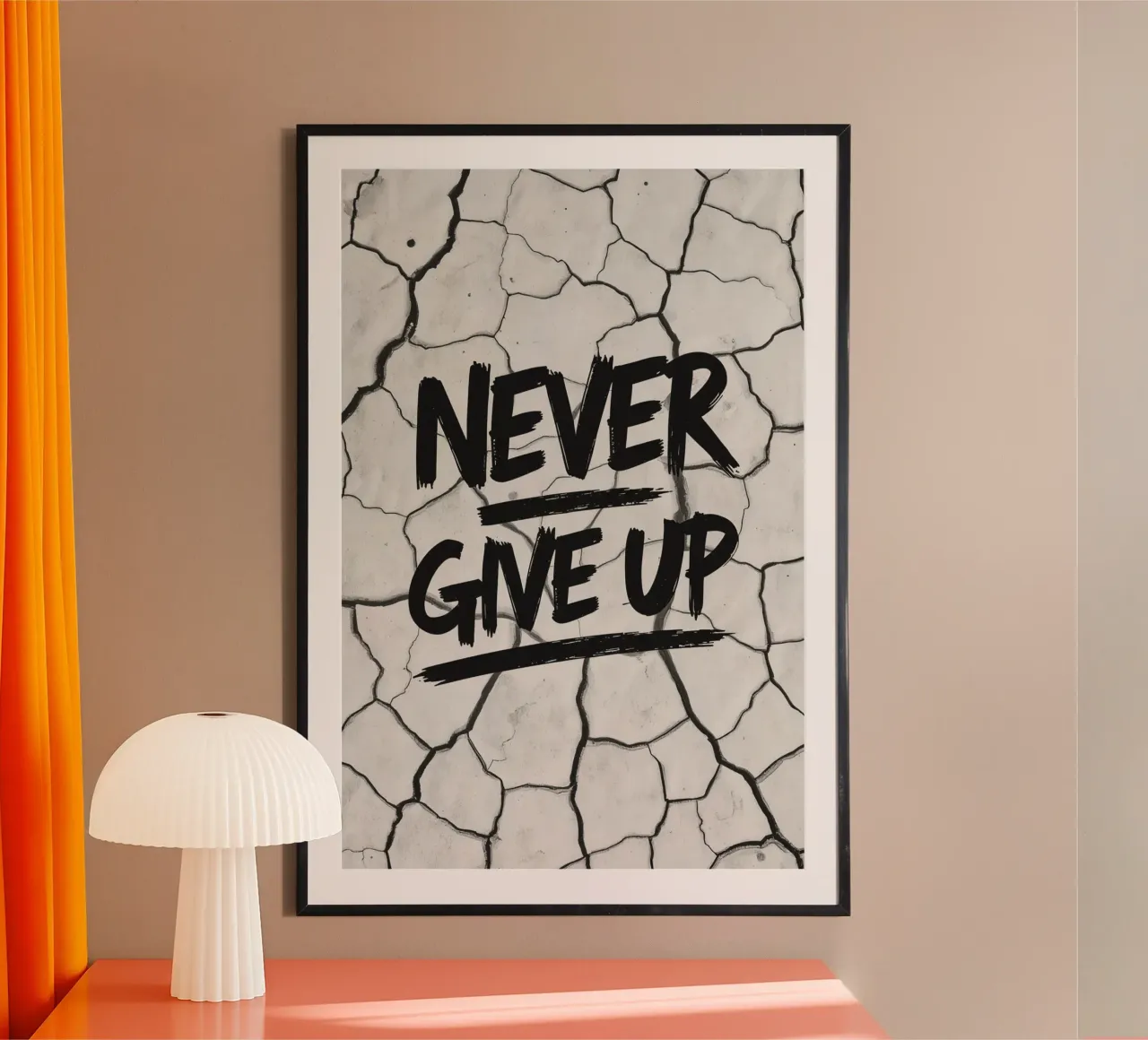 Geef nooit op op gebarsten aarde achtergrond poster met aluminium frame van DesignDoodle