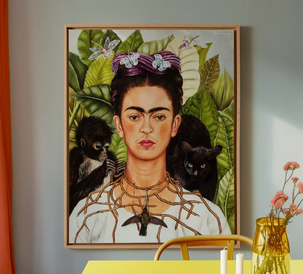 Self-Portrait with Thorn Necklace and Hummingbird canvas with Floater frame by Classic Art Prints