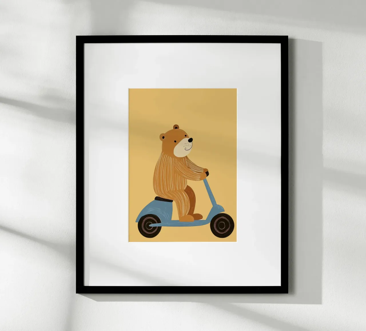 Stampa di un simpatico orso sul monopattino - Decorazione giocosa per la cameretta dei bambini poster con telaio in legno da vintagepod