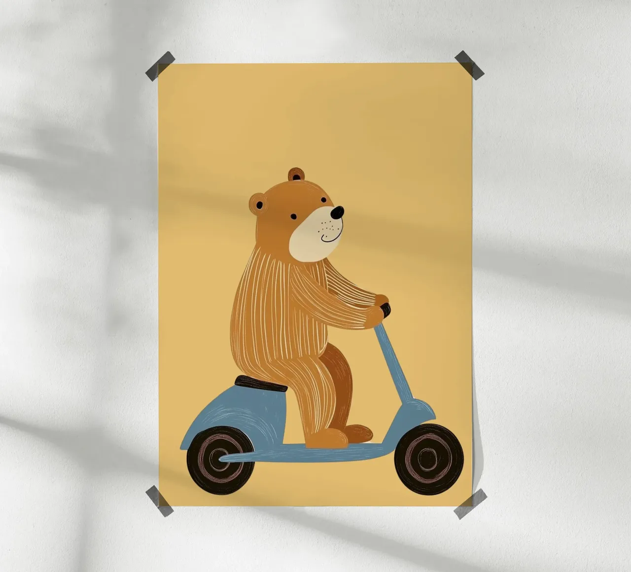 Stampa di un simpatico orso sul monopattino - Decorazione giocosa per la cameretta dei bambini poster con telaio in legno da vintagepod