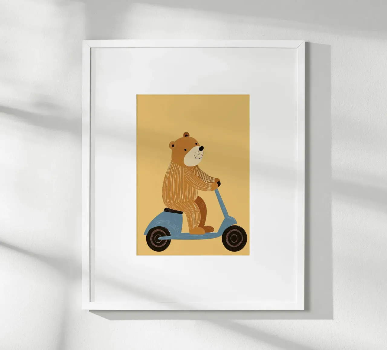 Stampa di un simpatico orso sul monopattino - Decorazione giocosa per la cameretta dei bambini poster con telaio in legno da vintagepod