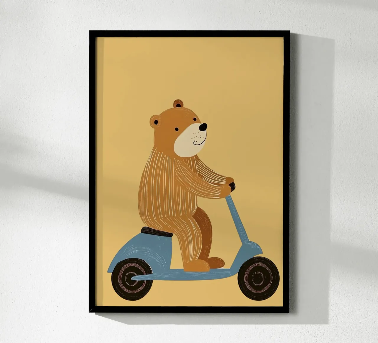 Stampa di un simpatico orso sul monopattino - Decorazione giocosa per la cameretta dei bambini poster con telaio in legno da vintagepod