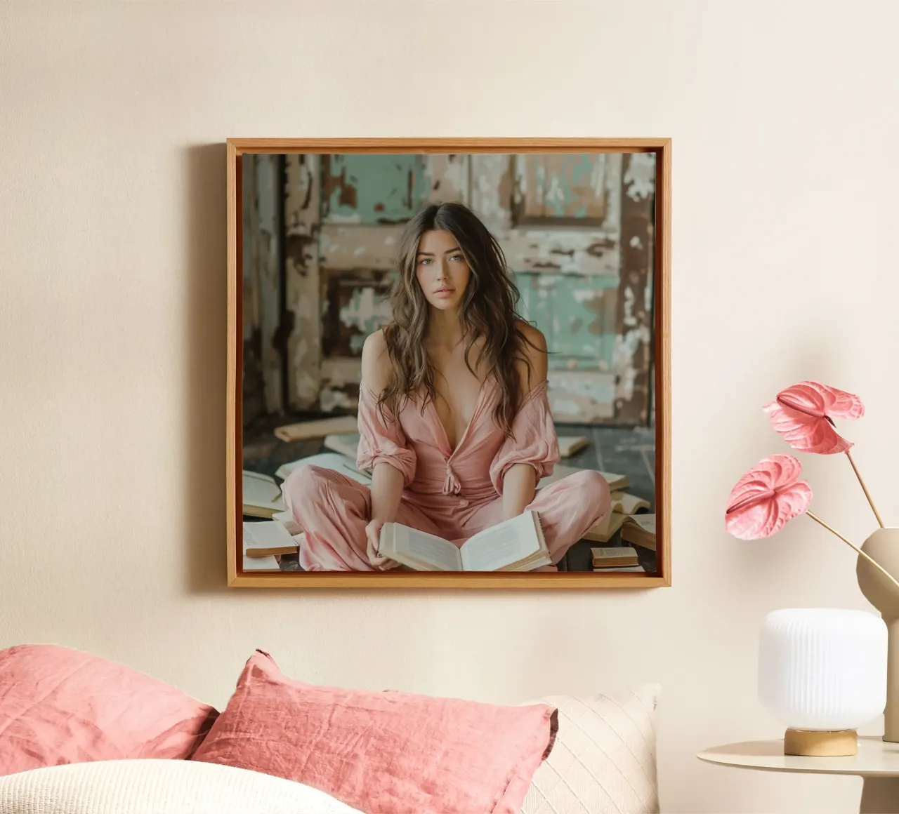 Stof en bloemblaadjes canvas met Baklijst van StillVibe Home