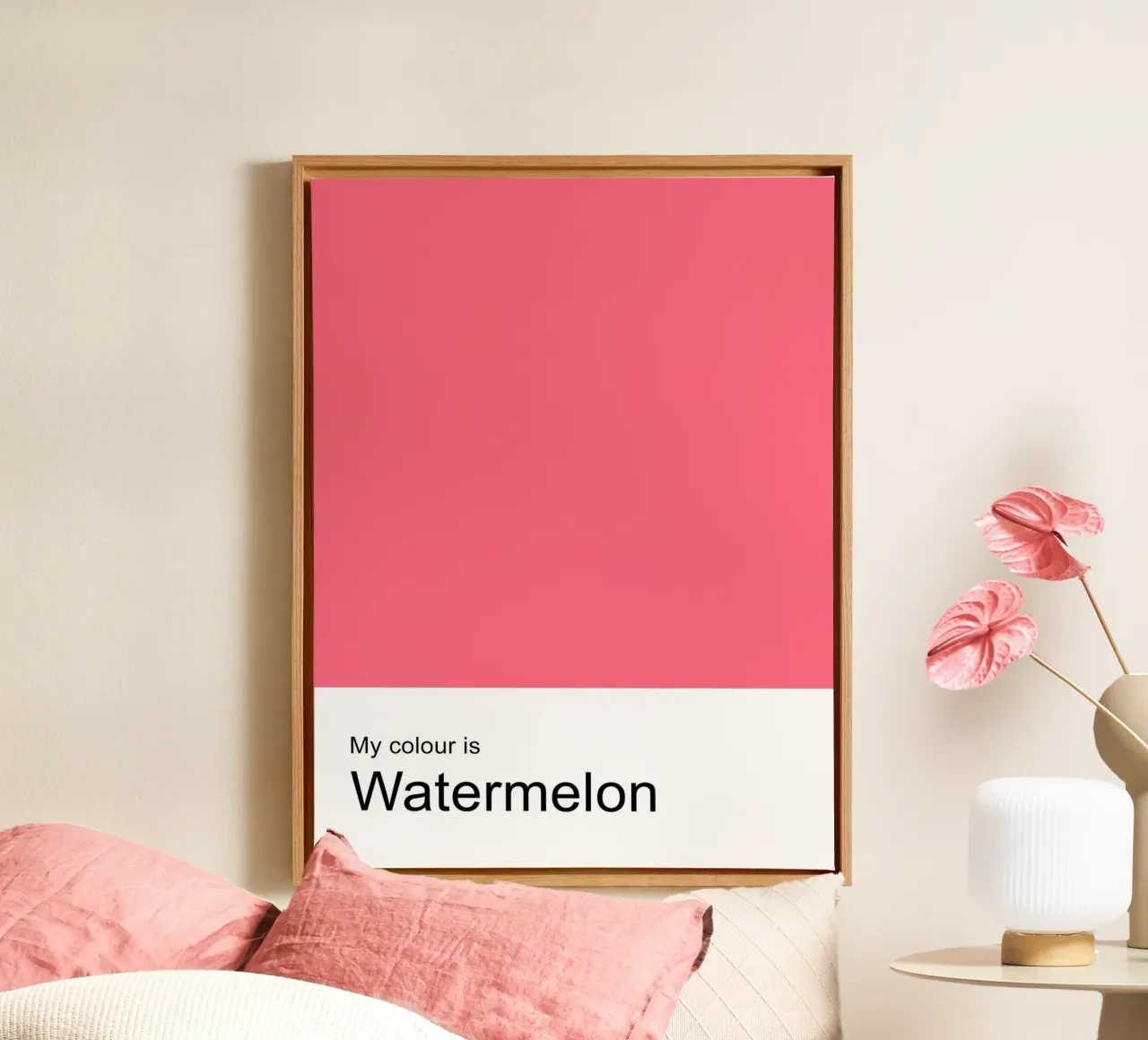 My Colour is Watermelon – Minimalist Typography Print canvas with Floater frame by JaySan Studio