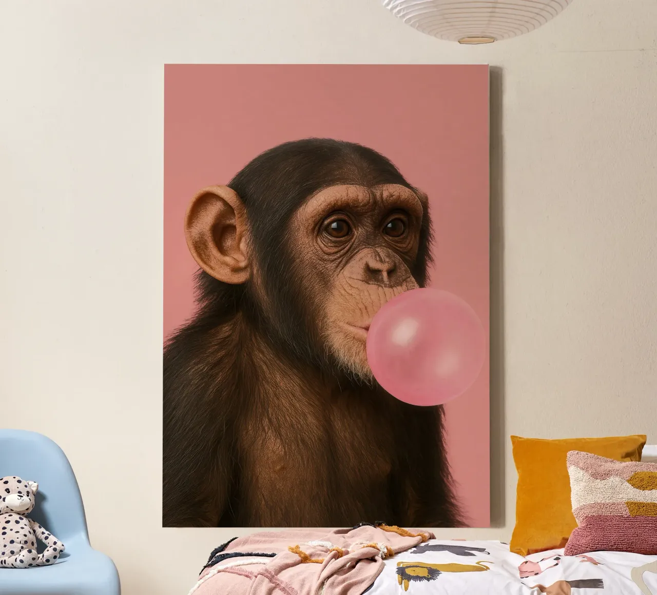 Chimpanzee with Bubblegum canvas met Baklijst van Attaboy Dsgn