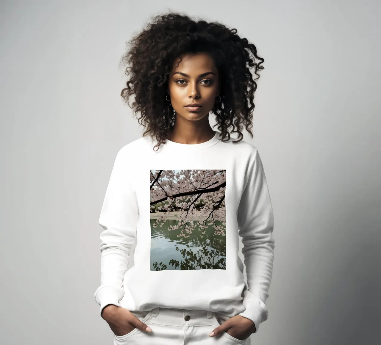 Rami di ciliegio in fiore sull'acqua con riflessi felpa da DesignDoodle