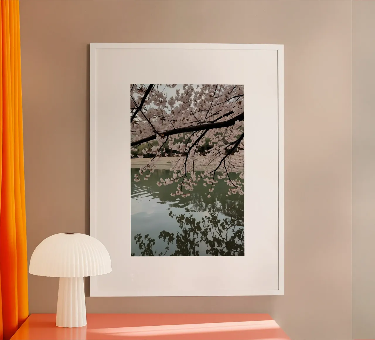Rami di ciliegio in fiore sull'acqua con riflessi poster con telaio in plastica da DesignDoodle