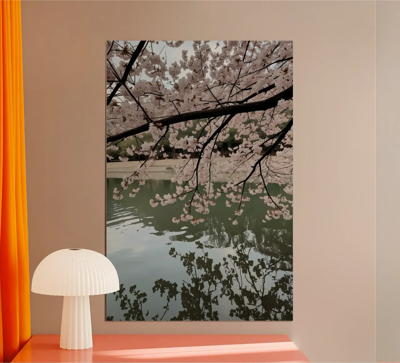 Rami di ciliegio in fiore sull'acqua con riflessi poster con telaio in plastica da DesignDoodle