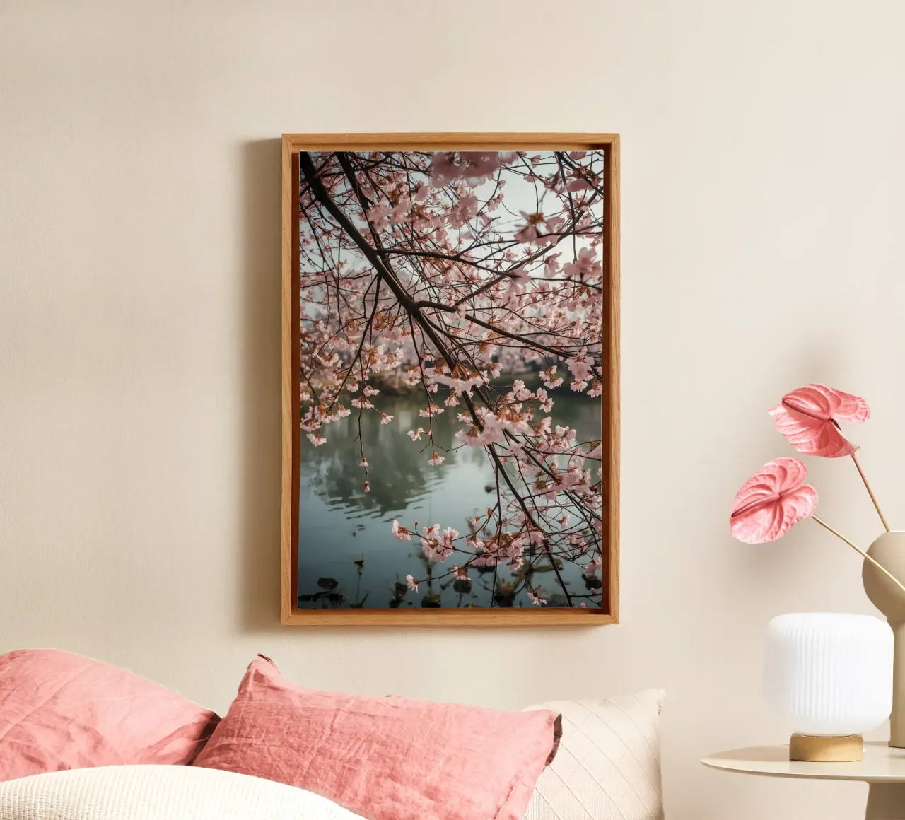 Rami di ciliegio in fiore sull'acqua tela con Cornice a cassetta da DesignDoodle