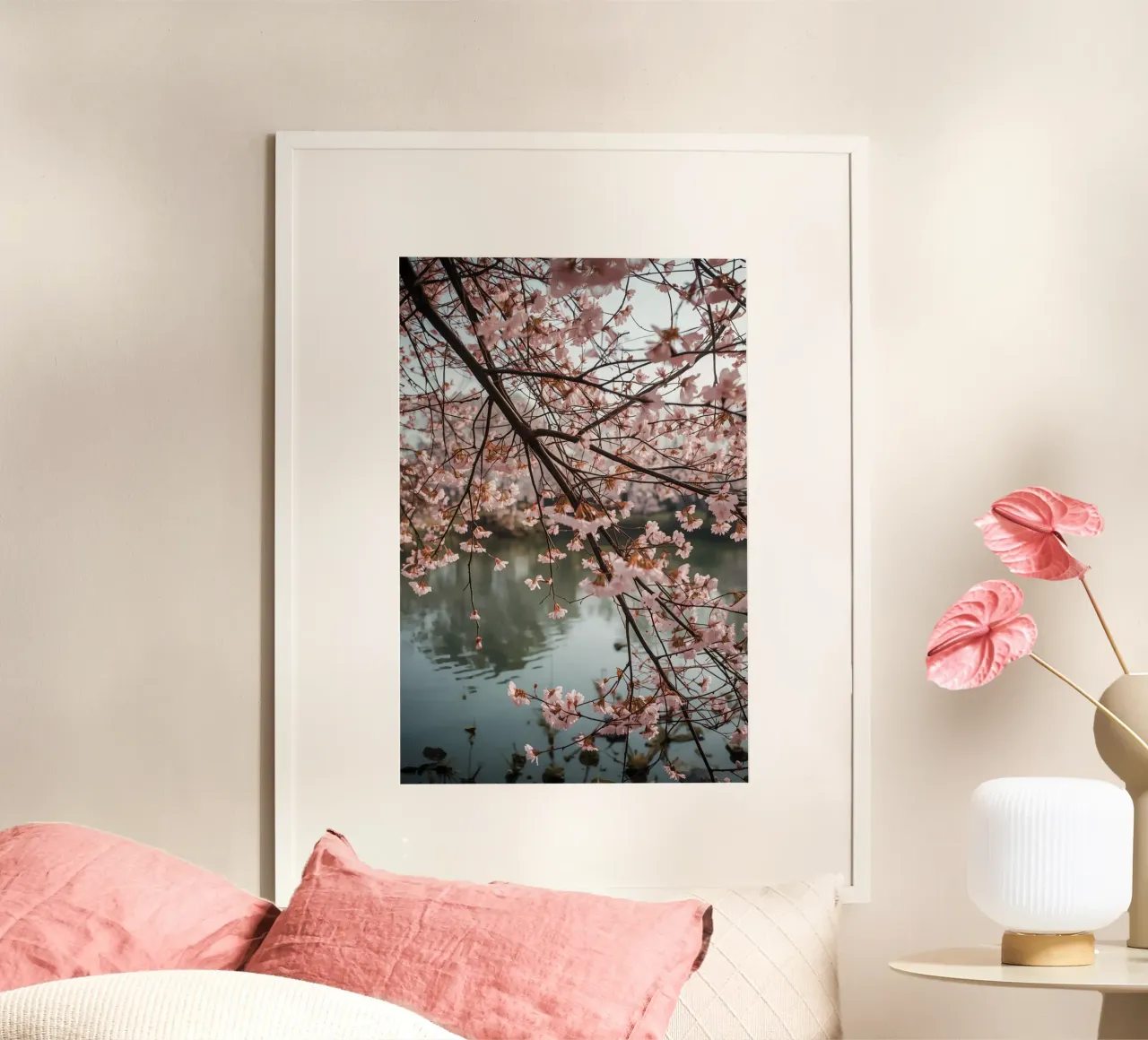Rami di ciliegio in fiore sull'acqua poster con telaio in plastica da DesignDoodle