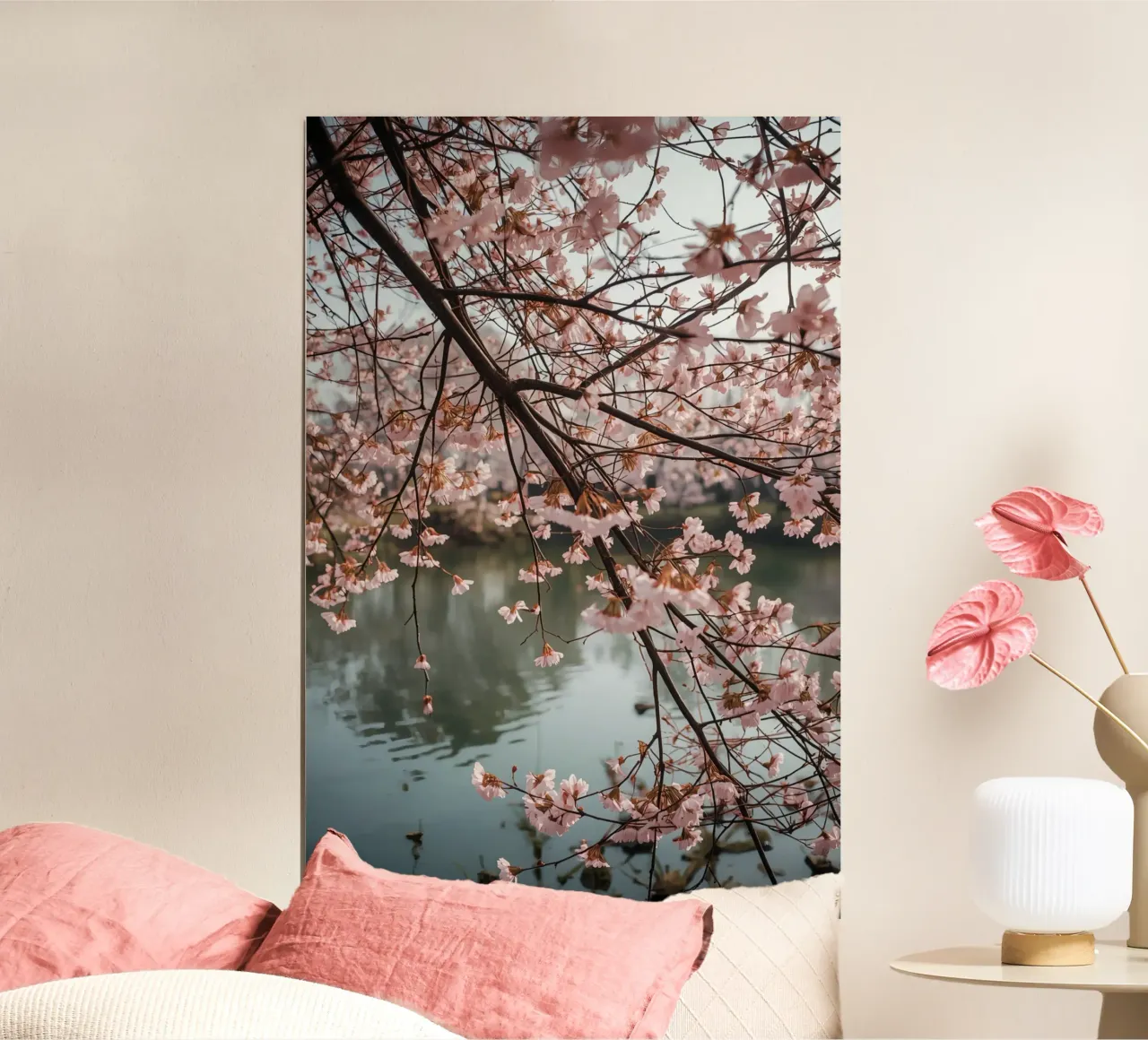 Rami di ciliegio in fiore sull'acqua poster con telaio in plastica da DesignDoodle