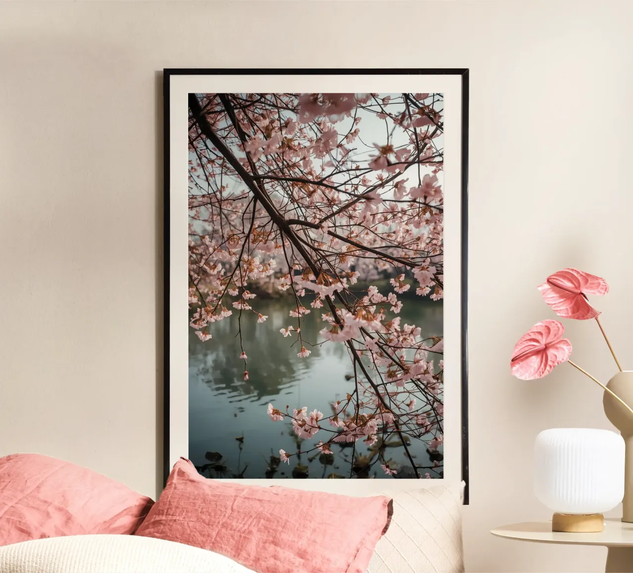 Rami di ciliegio in fiore sull'acqua poster con telaio in plastica da DesignDoodle