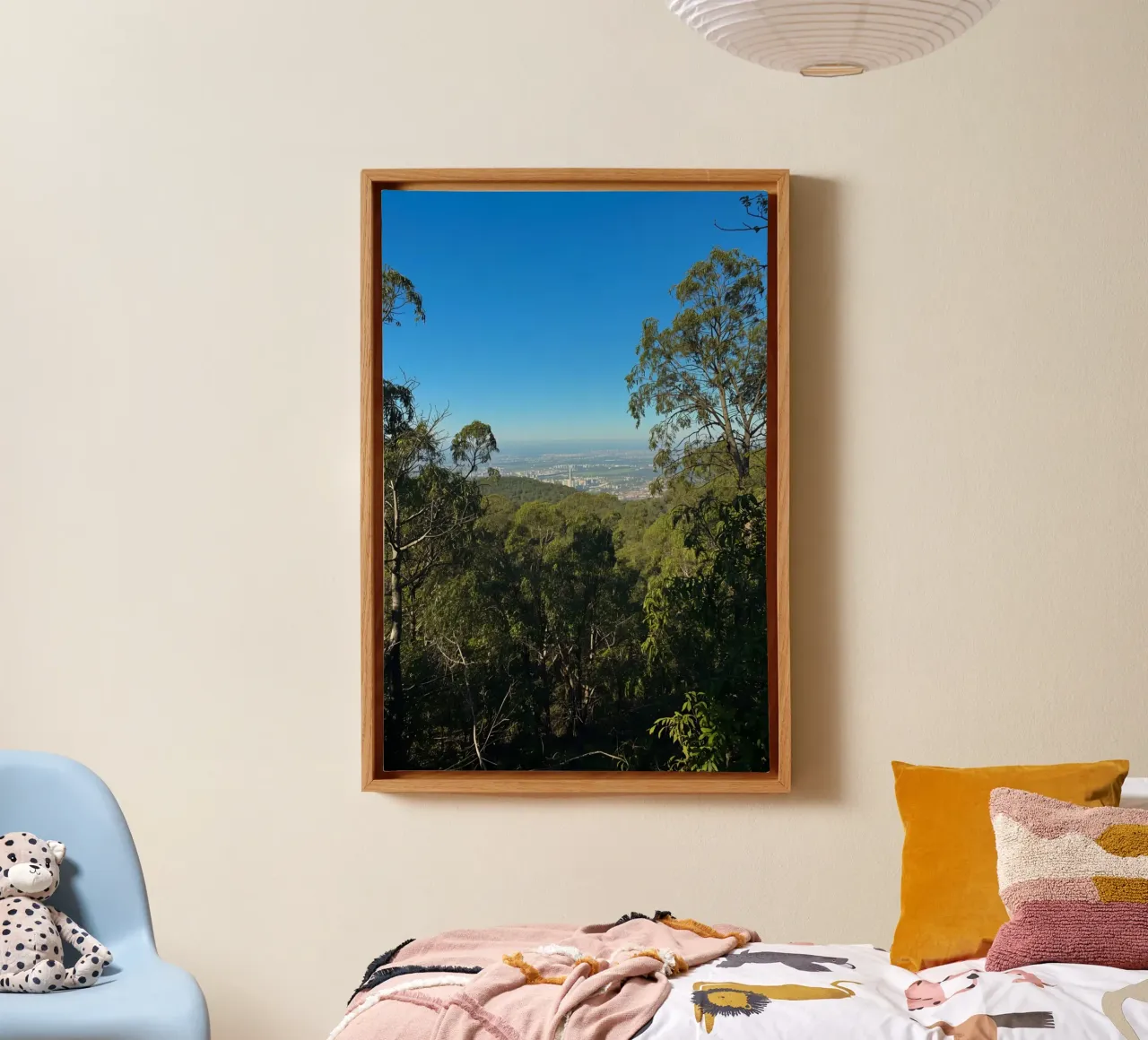 Cityscape View Through Trees canvas with Floater frame by DesignDoodle