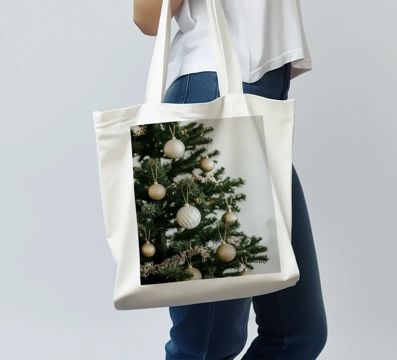 Albero di Natale decorato con ornamenti in oro e argento borsa in juta da DesignDoodle