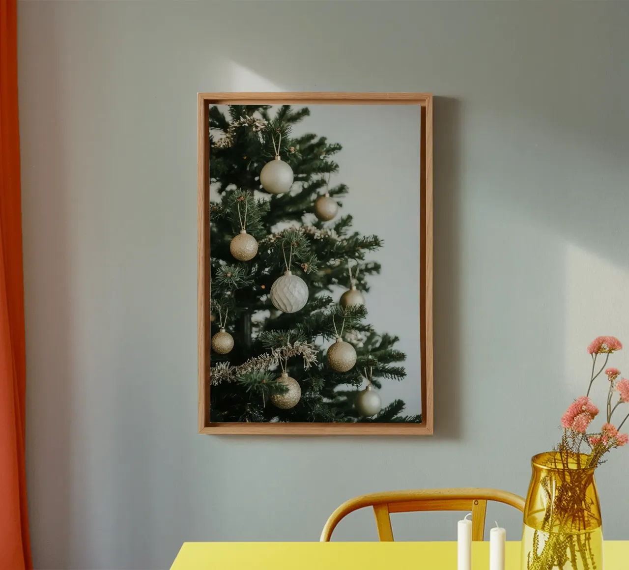 Albero di Natale decorato con ornamenti in oro e argento tela con Cornice a cassetta da DesignDoodle