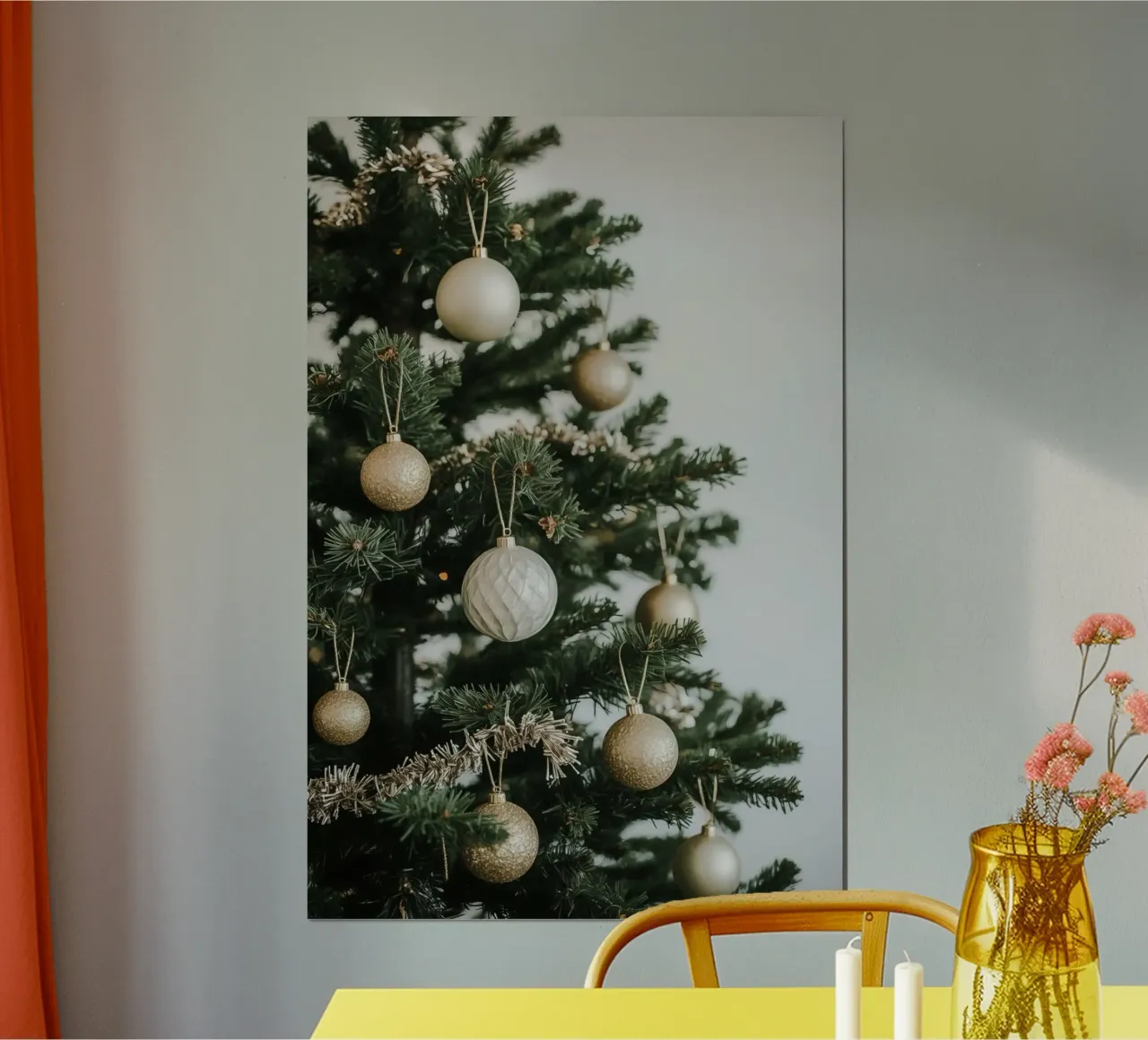 Albero di Natale decorato con ornamenti in oro e argento poster con telaio in plastica da DesignDoodle