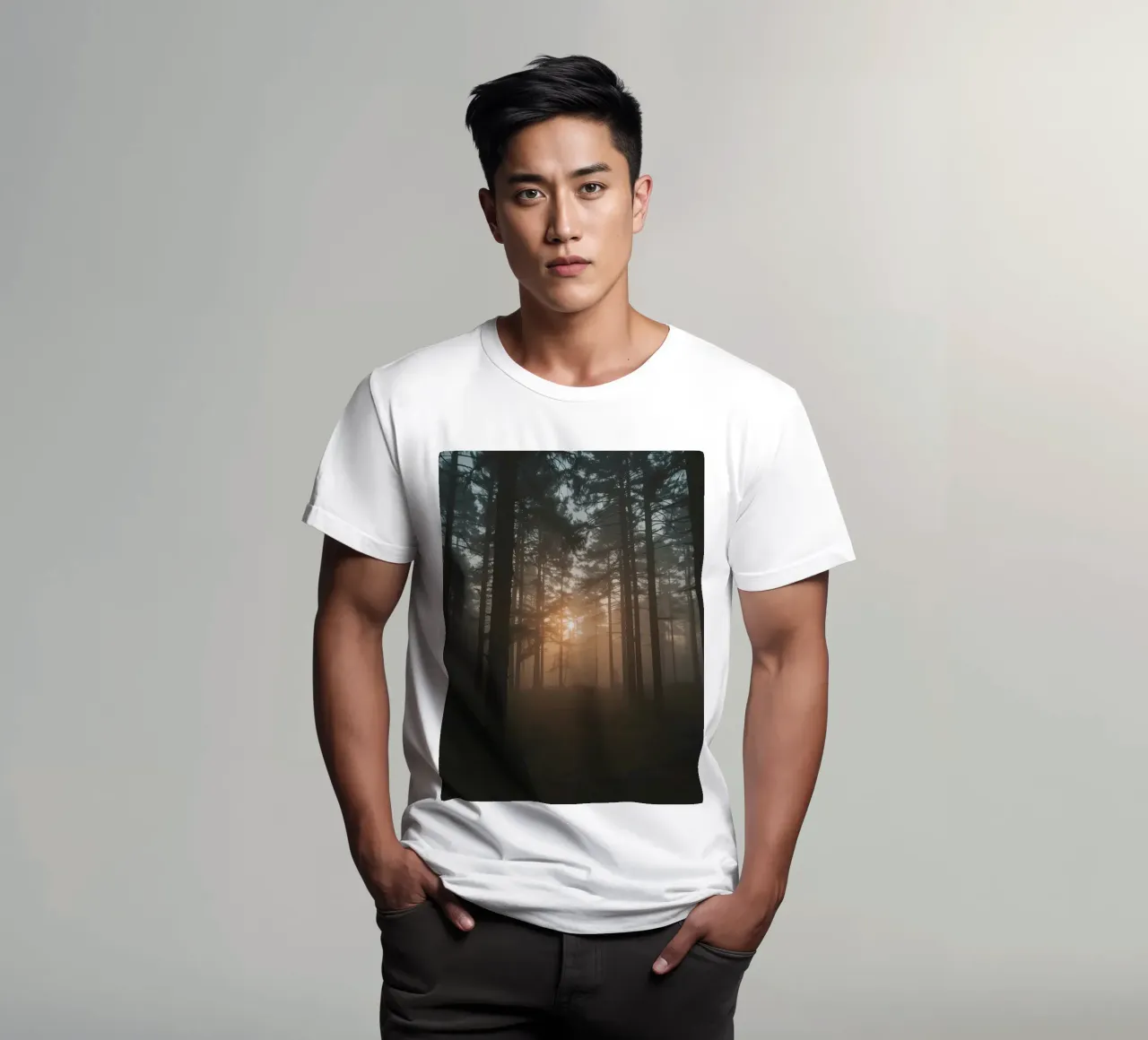 Foresta nebbiosa con alberi alti e luce solare t-shirt da DesignDoodle