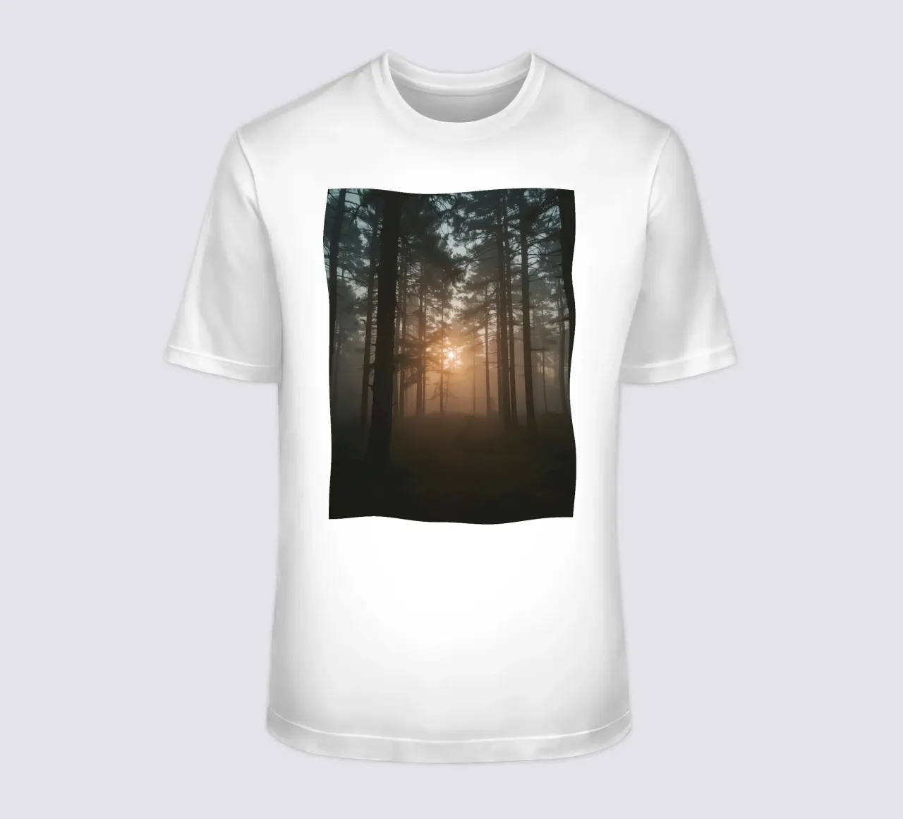 Foresta nebbiosa con alberi alti e luce solare t-shirt da DesignDoodle