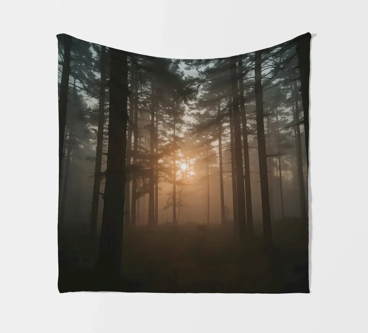 Foresta nebbiosa con alberi alti e luce solare coperta in pile da DesignDoodle