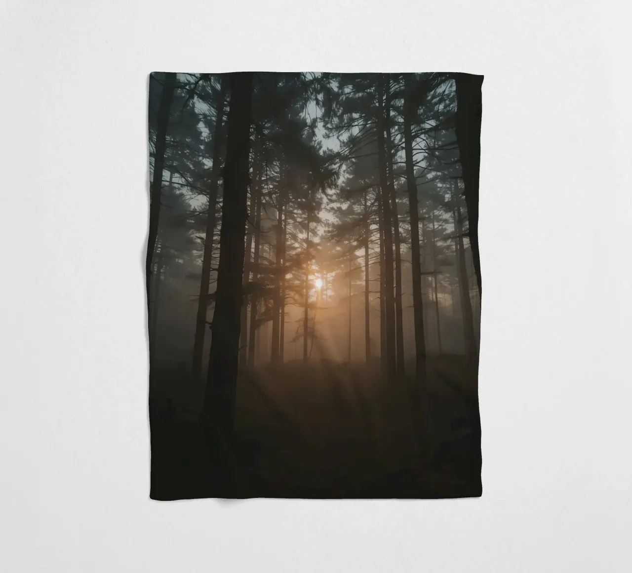 Foresta nebbiosa con alberi alti e luce solare coperta in pile da DesignDoodle