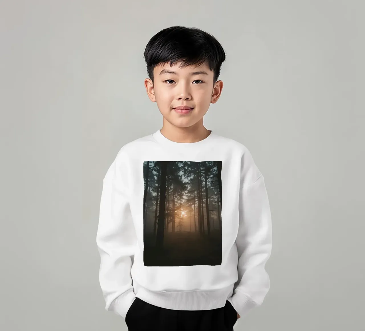 Foresta nebbiosa con alberi alti e luce solare felpa bambino da DesignDoodle