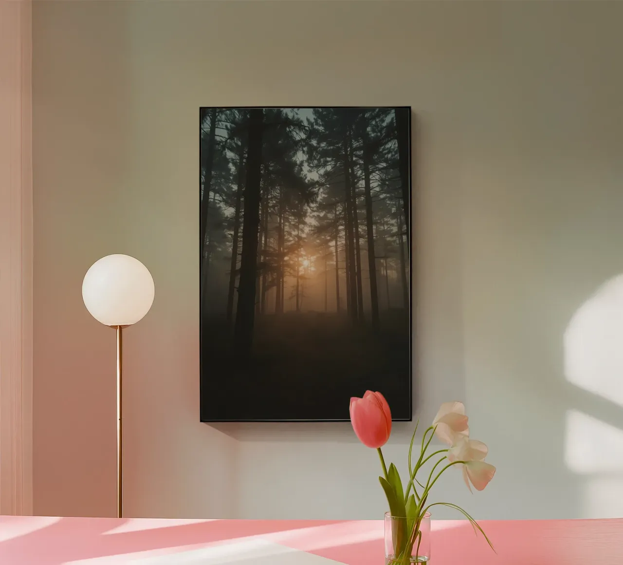 Foresta nebbiosa con alberi alti e luce solare plexiglass da DesignDoodle