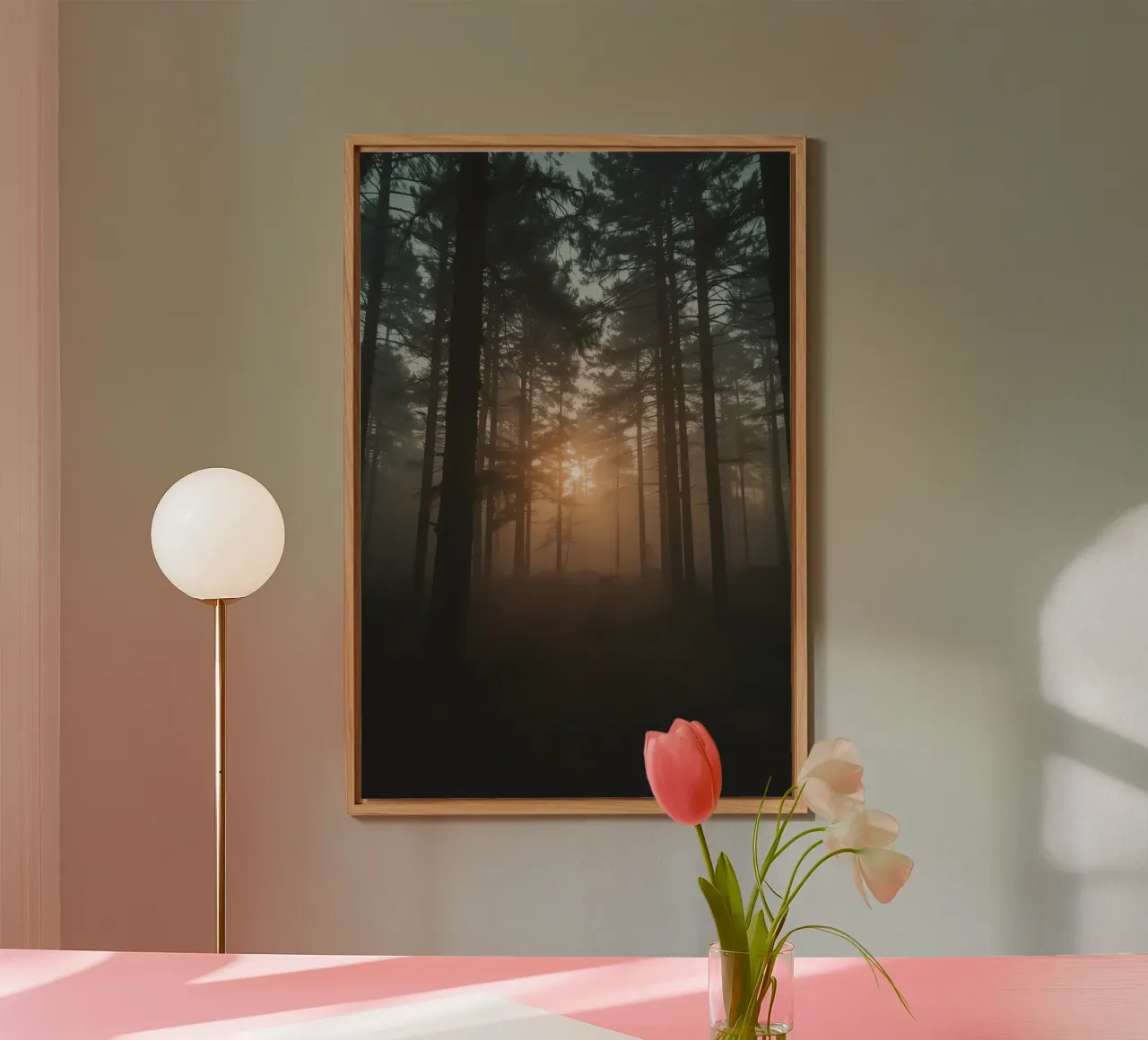 Foresta nebbiosa con alberi alti e luce solare alluminio dibond da DesignDoodle