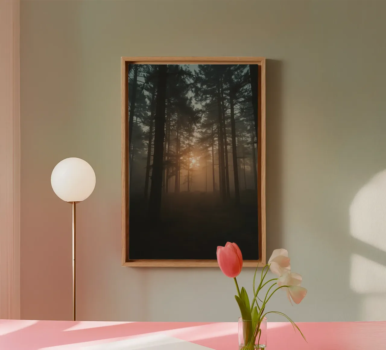 Foresta nebbiosa con alberi alti e luce solare tela con Cornice a cassetta da DesignDoodle