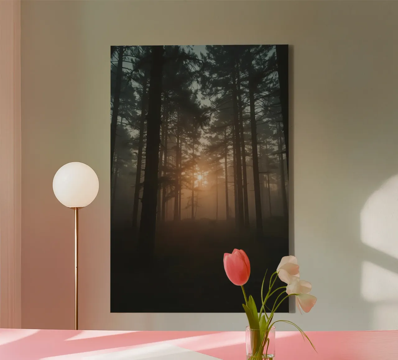 Foresta nebbiosa con alberi alti e luce solare tela con Cornice a cassetta da DesignDoodle