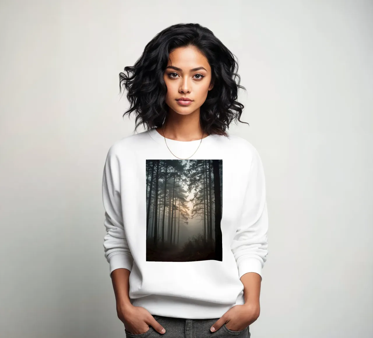 Paesaggio forestale con alberi alti e nebbia fitta felpa da DesignDoodle
