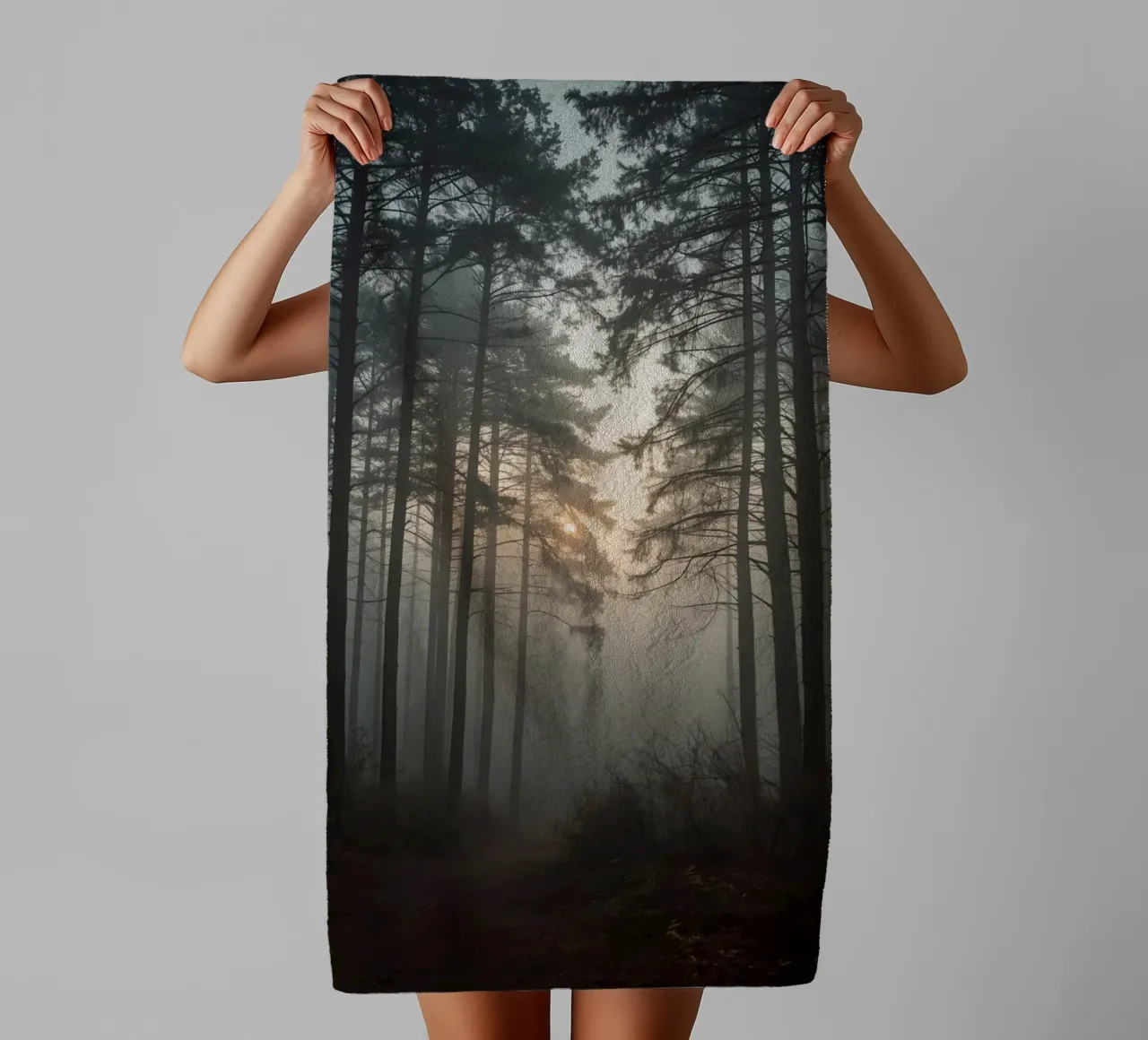 Forest Landscape with Tall Trees and Dense Fog towel by DesignDoodle