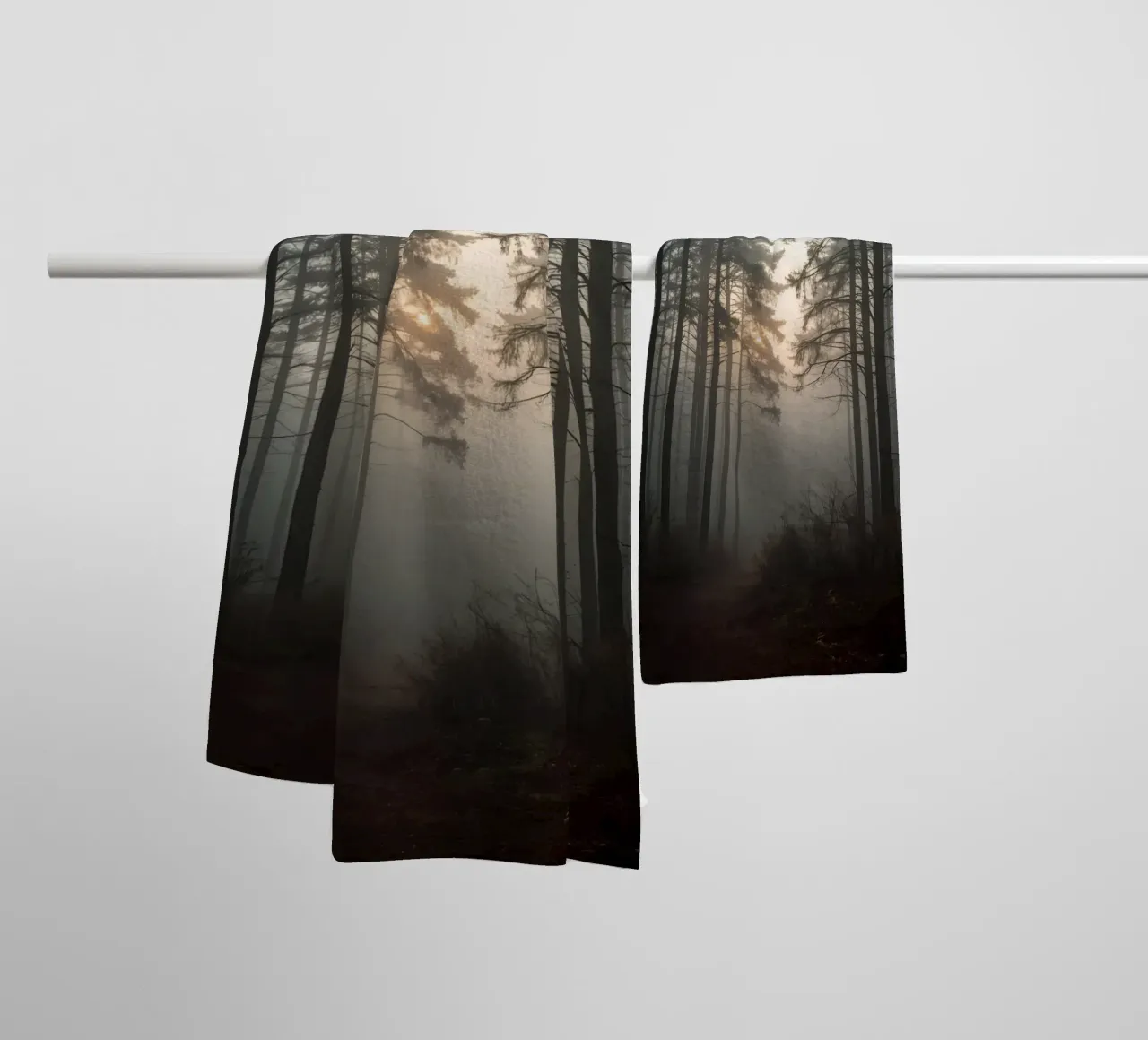 Forest Landscape with Tall Trees and Dense Fog towel by DesignDoodle