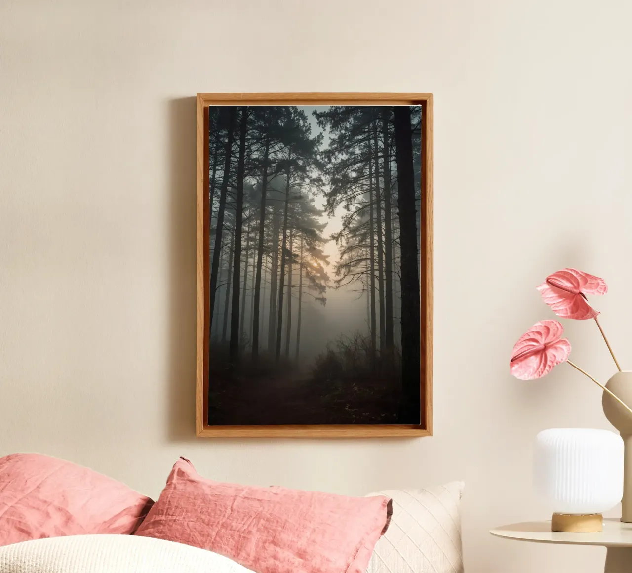 Paesaggio forestale con alberi alti e nebbia fitta tela con Cornice a cassetta da DesignDoodle