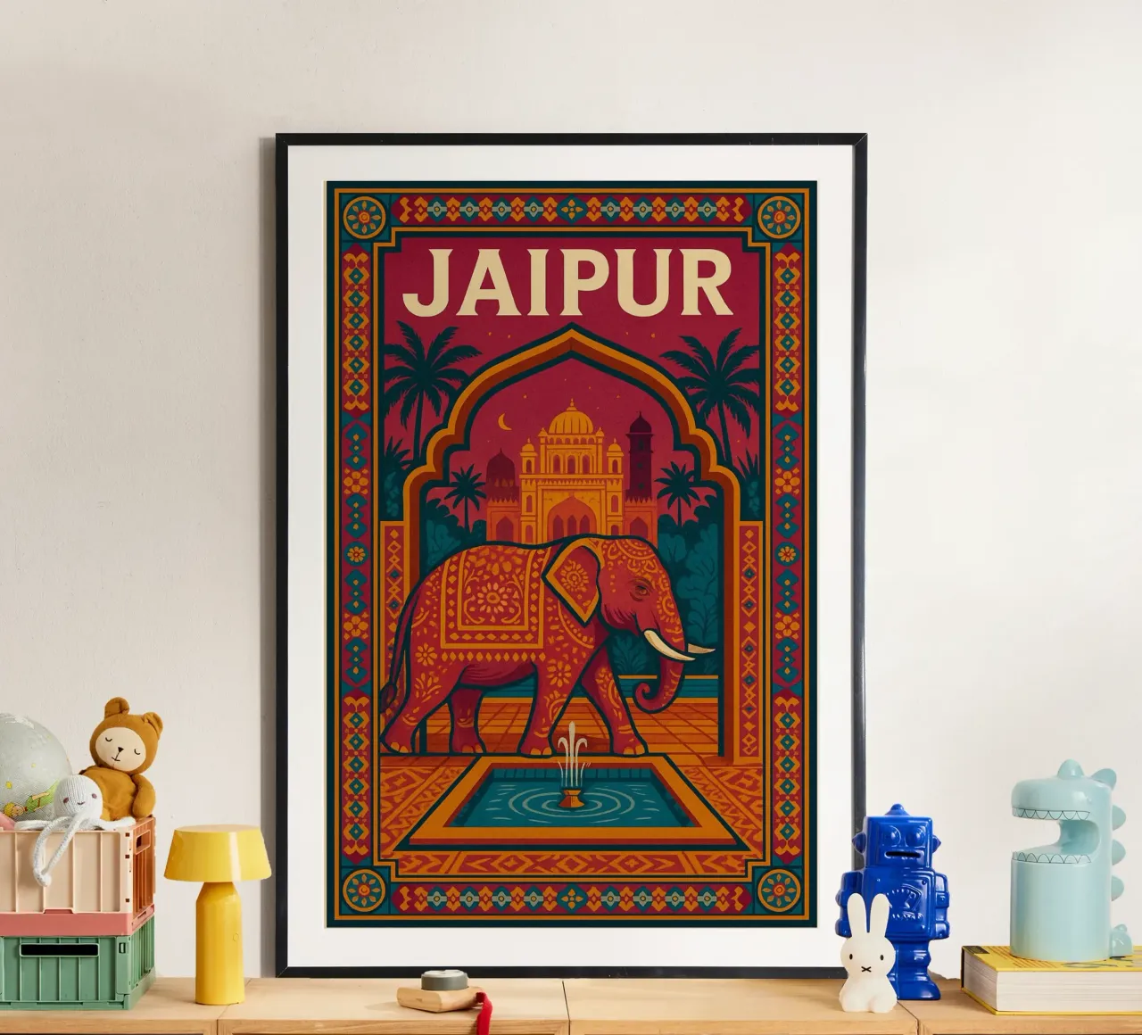 Jaipur - Poster d'epoca con elefante e palazzo indiano poster con telaio in legno da JETLAG | affiches voyage
