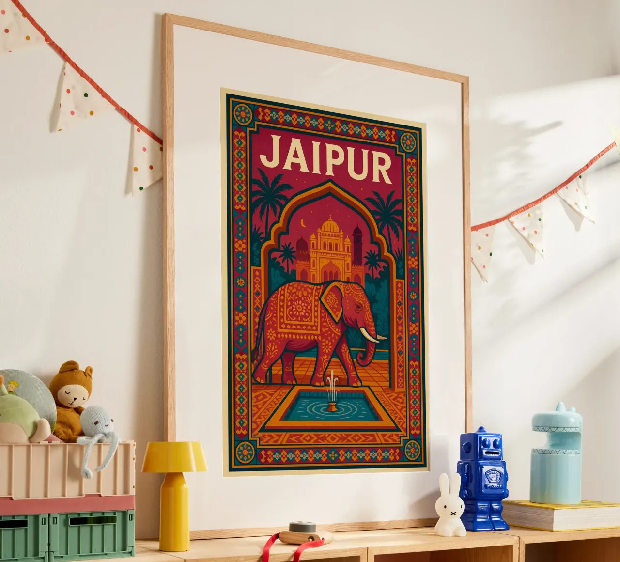 Jaipur - Poster d'epoca con elefante e palazzo indiano poster con telaio in legno da JETLAG | affiches voyage