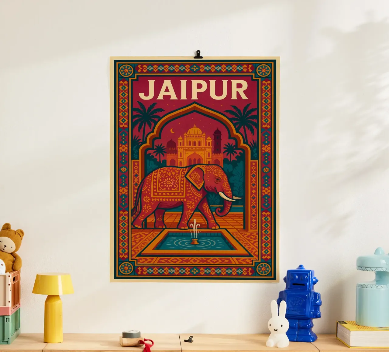 Jaipur - Poster d'epoca con elefante e palazzo indiano poster con telaio in legno da JETLAG | affiches voyage