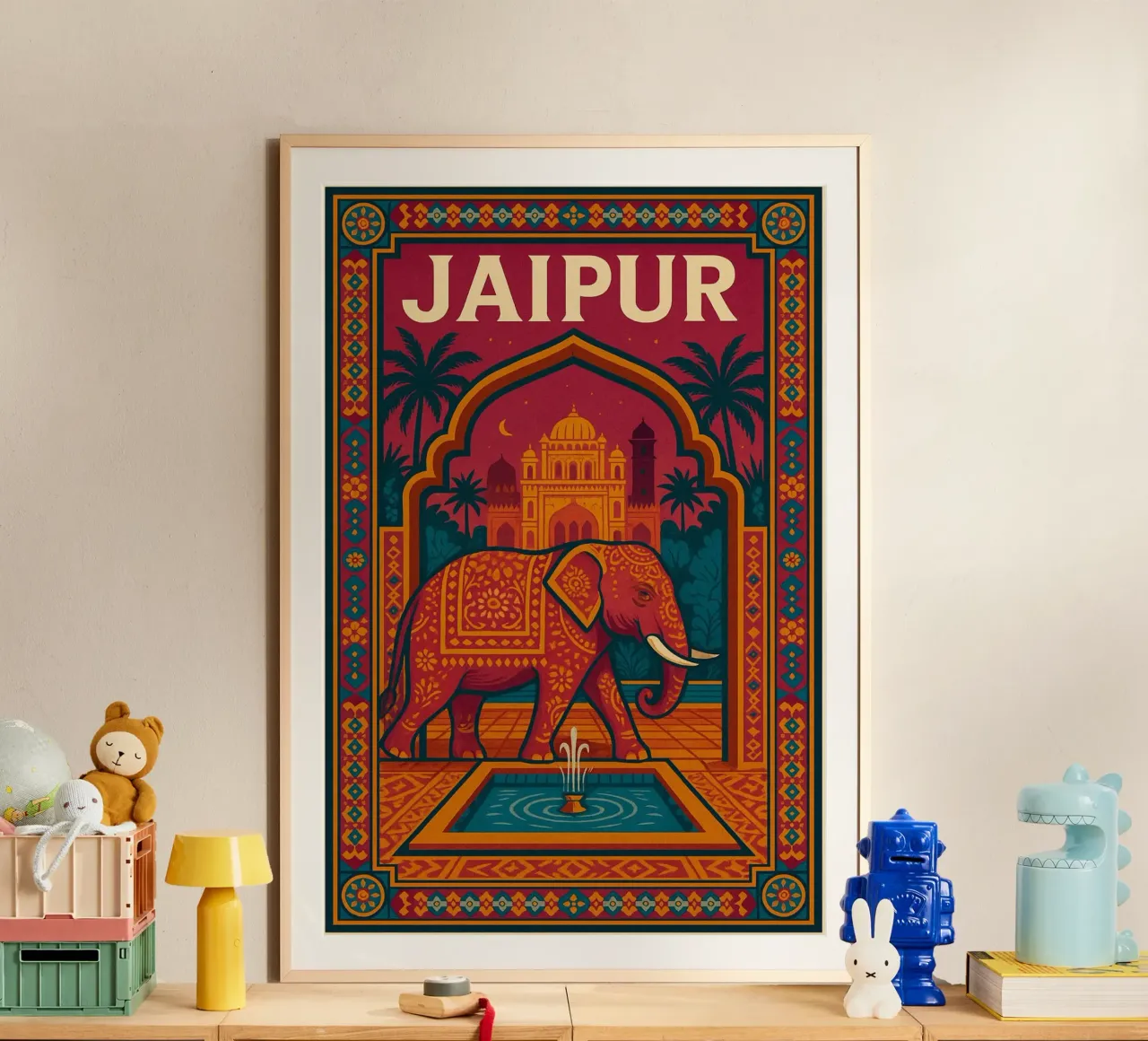 Jaipur - Poster d'epoca con elefante e palazzo indiano poster con telaio in legno da JETLAG | affiches voyage