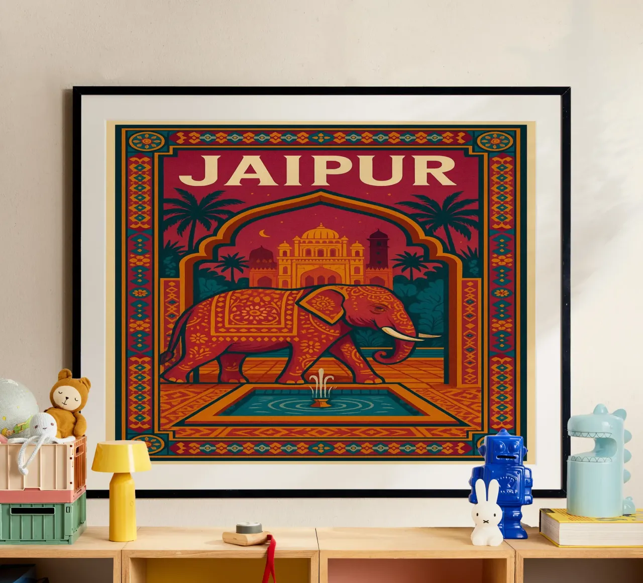 Jaipur - Poster d'epoca con elefante e palazzo indiano poster con telaio in legno da JETLAG | affiches voyage
