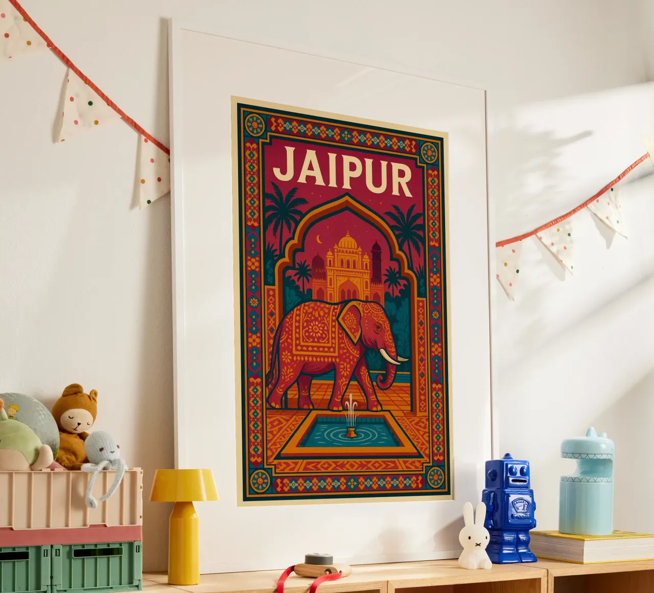Jaipur - Poster d'epoca con elefante e palazzo indiano poster con telaio in legno da JETLAG | affiches voyage