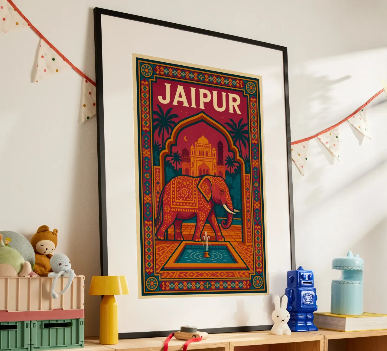 Jaipur - Poster d'epoca con elefante e palazzo indiano poster con telaio in legno da JETLAG | affiches voyage