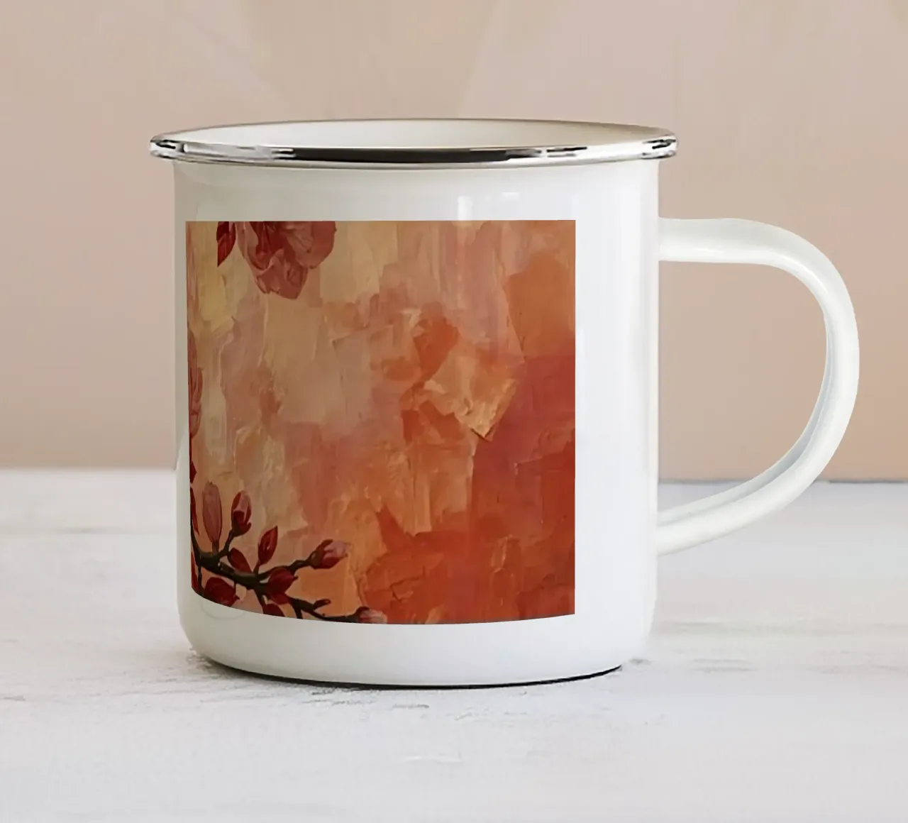 Pittura a olio di ramo in fiore con foglie rosse tazza in smalto da DesignDoodle