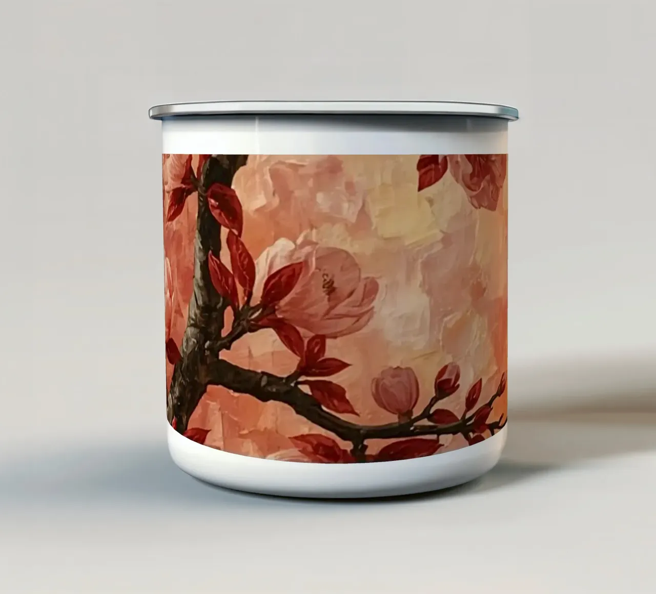 Pittura a olio di ramo in fiore con foglie rosse tazza in smalto da DesignDoodle