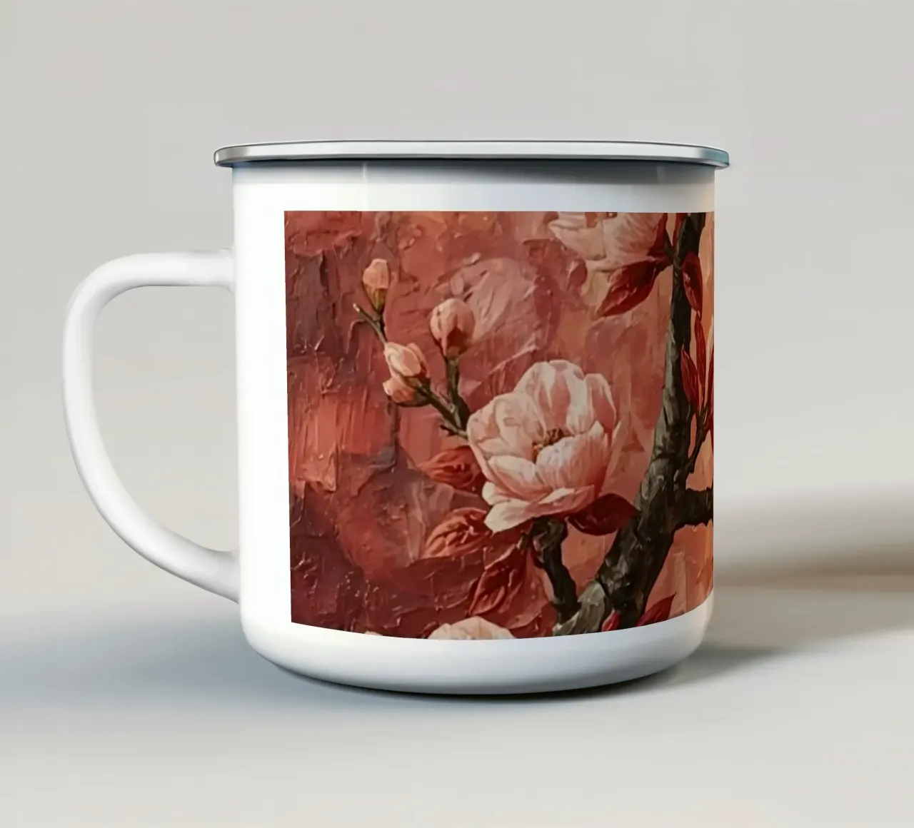 Pittura a olio di ramo in fiore con foglie rosse tazza in smalto da DesignDoodle